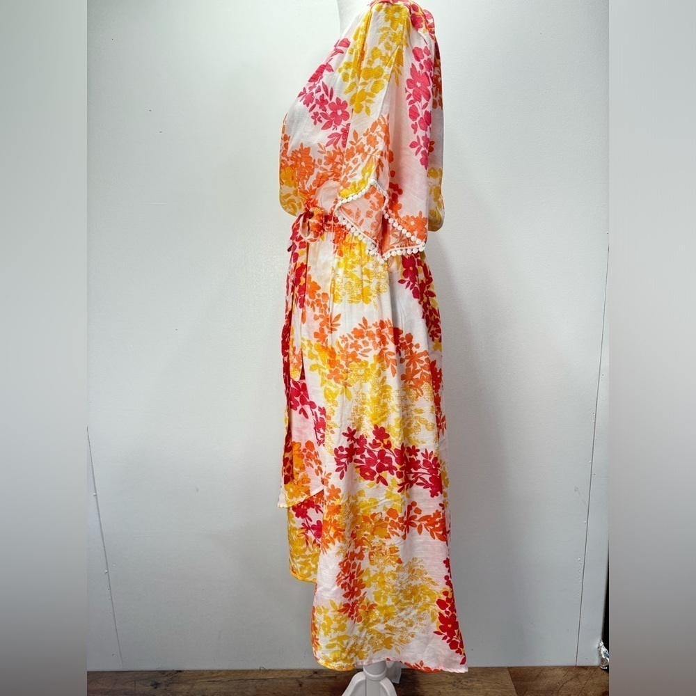Adrienne Vittadini Floral V neck Semi Sheer Flowy Short Sleeve Dress Size L - Picture 5 of 10